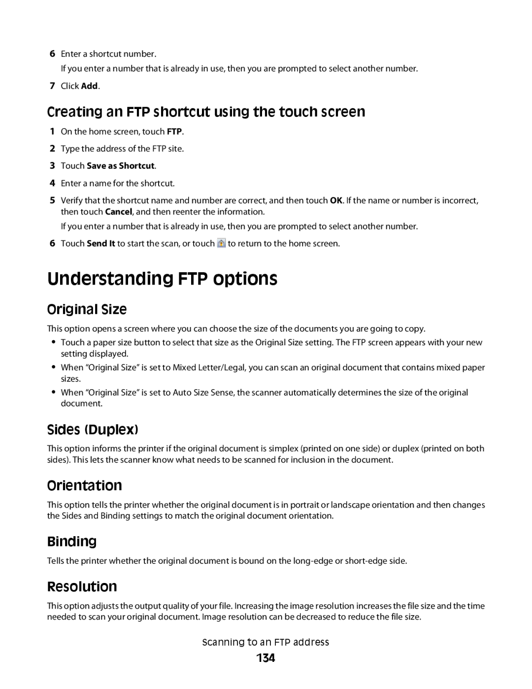 Lexmark MS00850, MS00859, MS00853, MS00855 Understanding FTP options, Creating an FTP shortcut using the touch screen, 134 