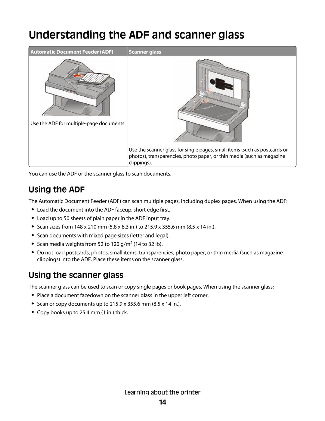 Lexmark MS00850, MS00859, MS00853, MS00855 Understanding the ADF and scanner glass, Using the ADF, Using the scanner glass 