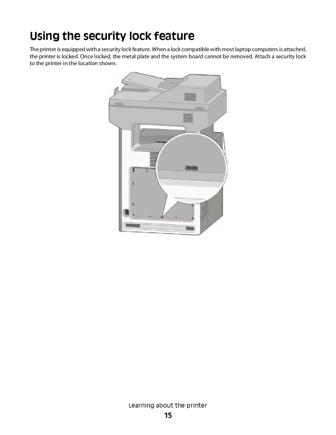 Lexmark MS00855, MS00859, MS00853, MS00850 manual Using the security lock feature 