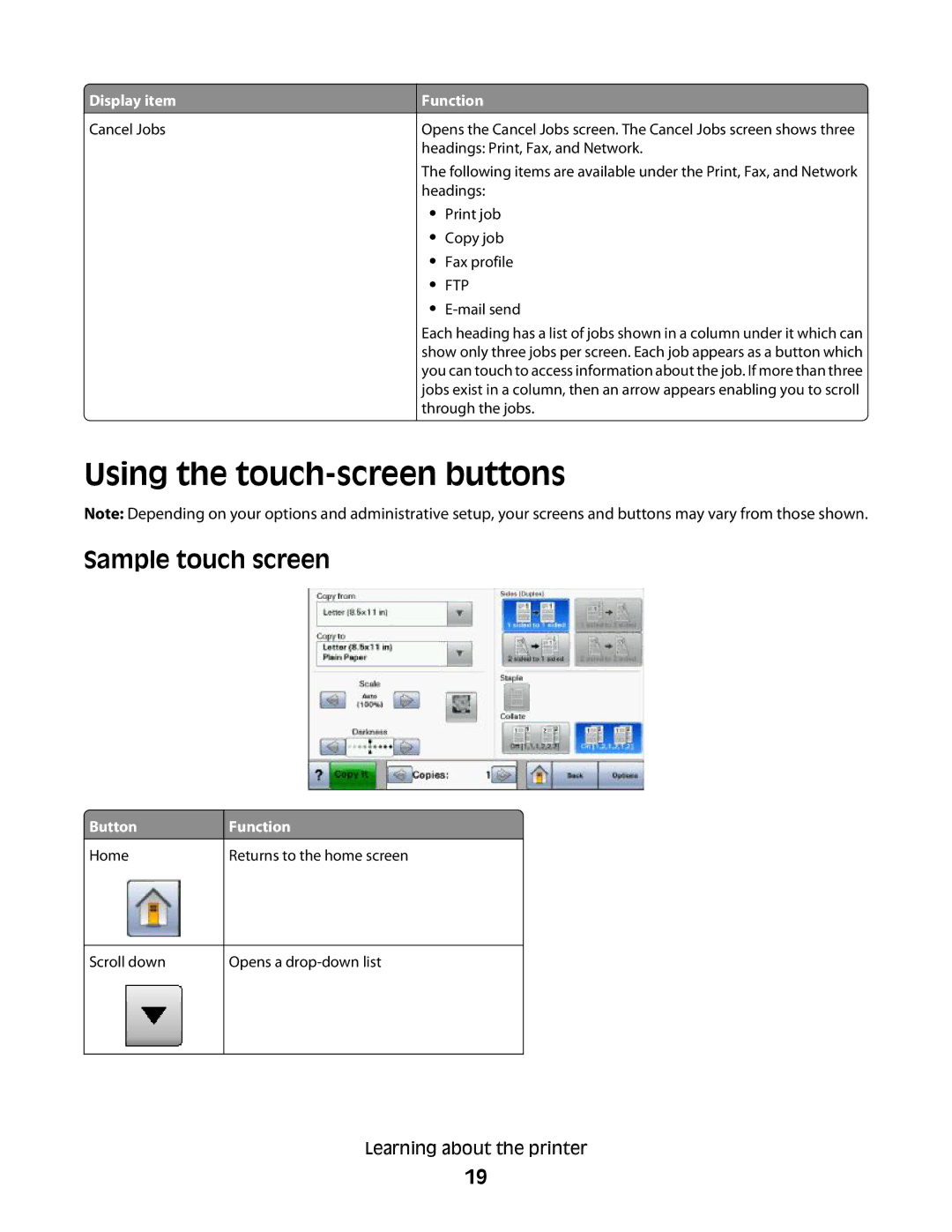 Lexmark MS00855, MS00859, MS00853, MS00850 manual Using the touch-screen buttons, Sample touch screen 