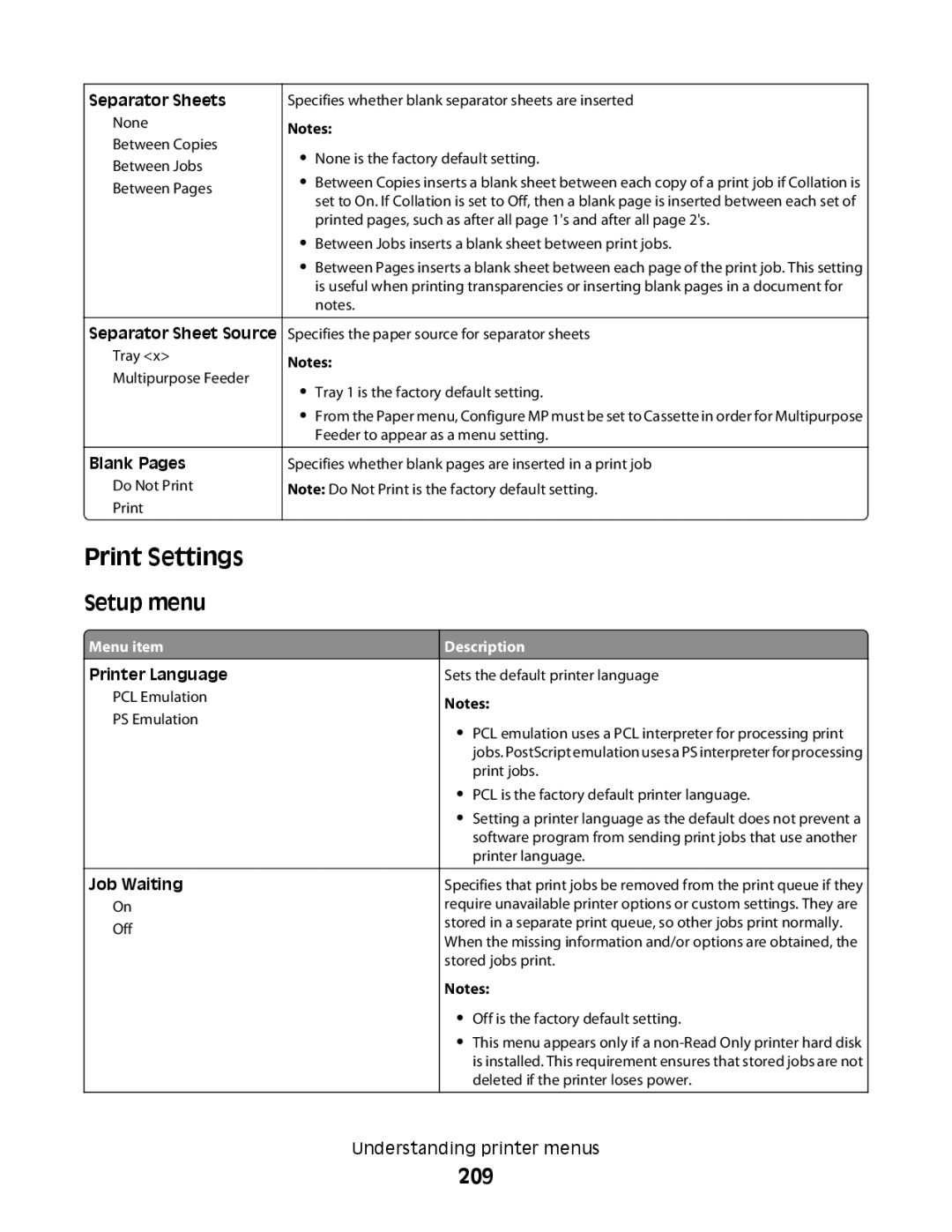 Lexmark MS00853, MS00859, MS00850, MS00855 manual Print Settings, Setup menu, 209 