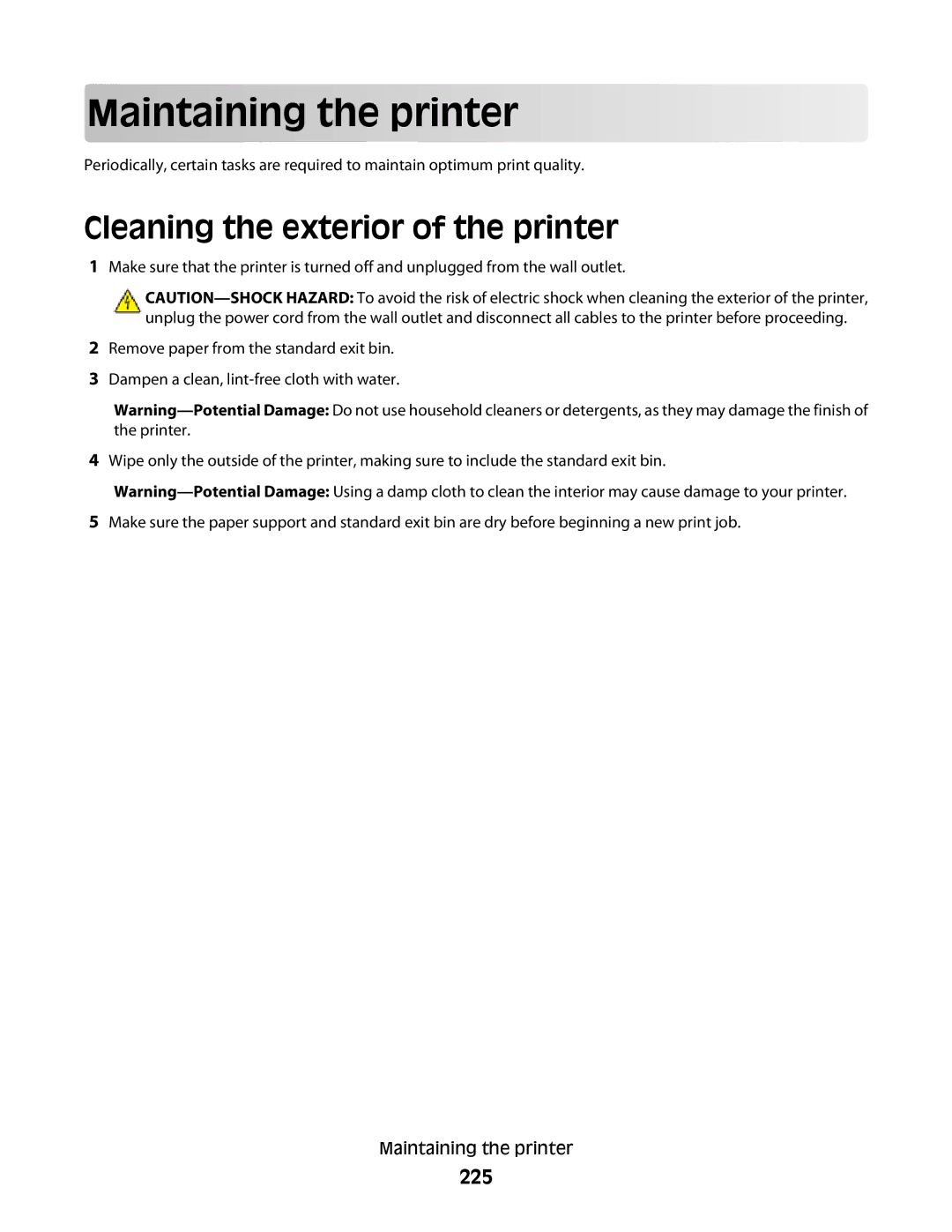 Lexmark MS00853, MS00859, MS00850, MS00855 manual Maintaining the printer, Cleaning the exterior of the printer, 225 