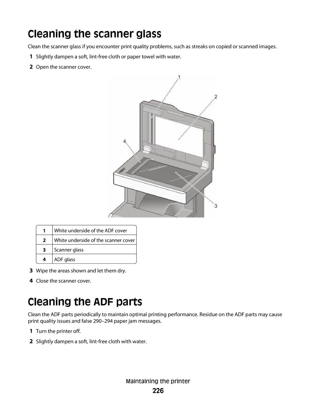 Lexmark MS00850, MS00859, MS00853, MS00855 manual Cleaning the scanner glass, Cleaning the ADF parts, 226 