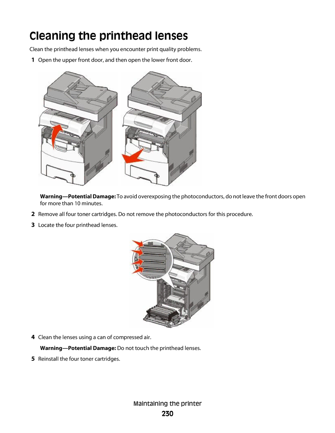 Lexmark MS00850, MS00859, MS00853, MS00855 manual Cleaning the printhead lenses, 230 