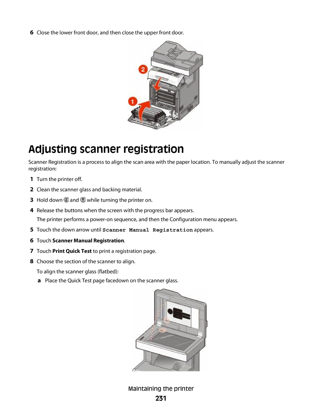 Lexmark MS00855, MS00859, MS00853, MS00850 manual Adjusting scanner registration, 231, Touch Scanner Manual Registration 