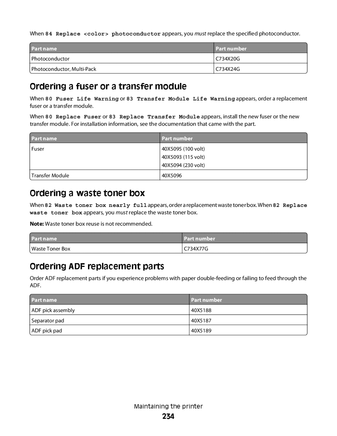 Lexmark MS00850 Ordering a fuser or a transfer module, Ordering a waste toner box, Ordering ADF replacement parts, 234 