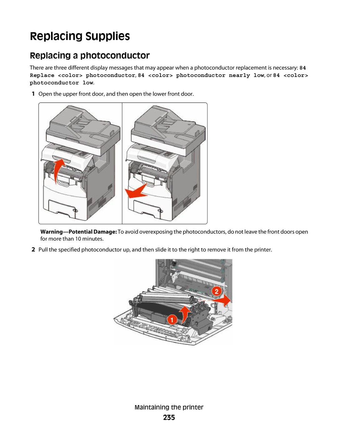 Lexmark MS00855, MS00859, MS00853, MS00850 manual Replacing Supplies, Replacing a photoconductor, 235 