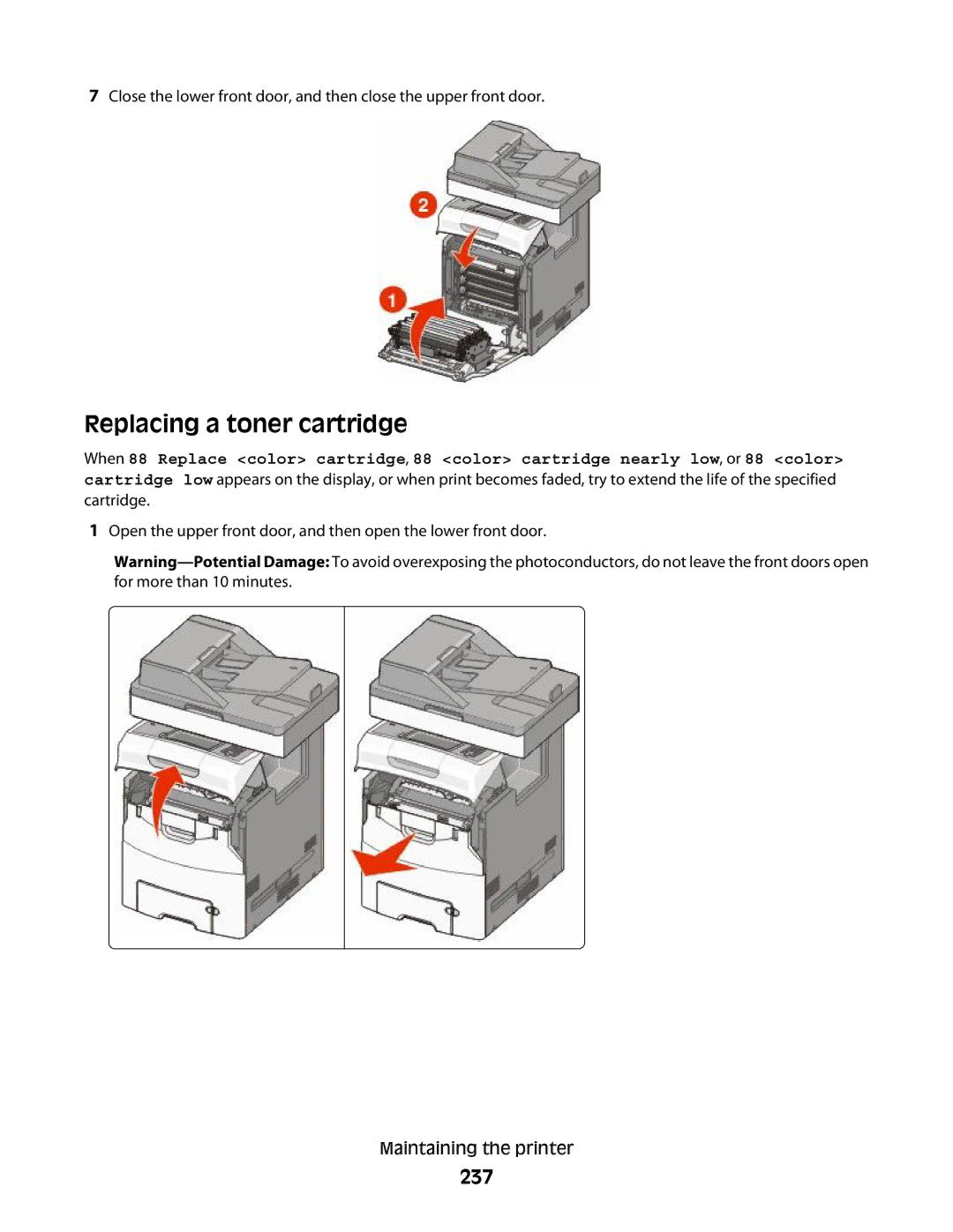 Lexmark MS00853, MS00859, MS00850, MS00855 manual Replacing a toner cartridge, 237 