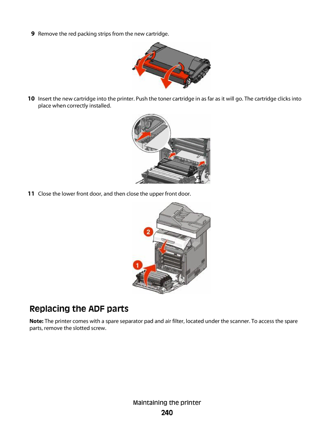 Lexmark MS00859, MS00853, MS00850, MS00855 manual Replacing the ADF parts, 240 