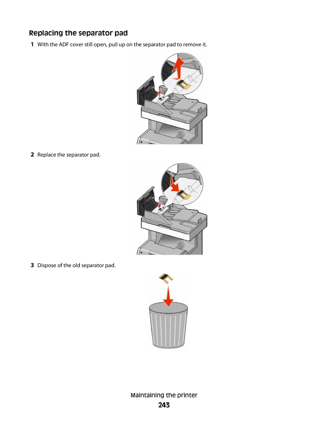 Lexmark MS00855, MS00859, MS00853, MS00850 manual Replacing the separator pad, 243 