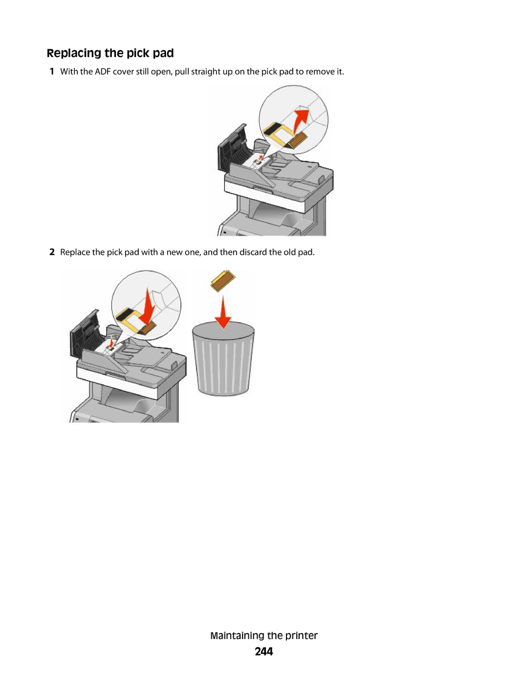 Lexmark MS00859, MS00853, MS00850, MS00855 manual Replacing the pick pad, 244 