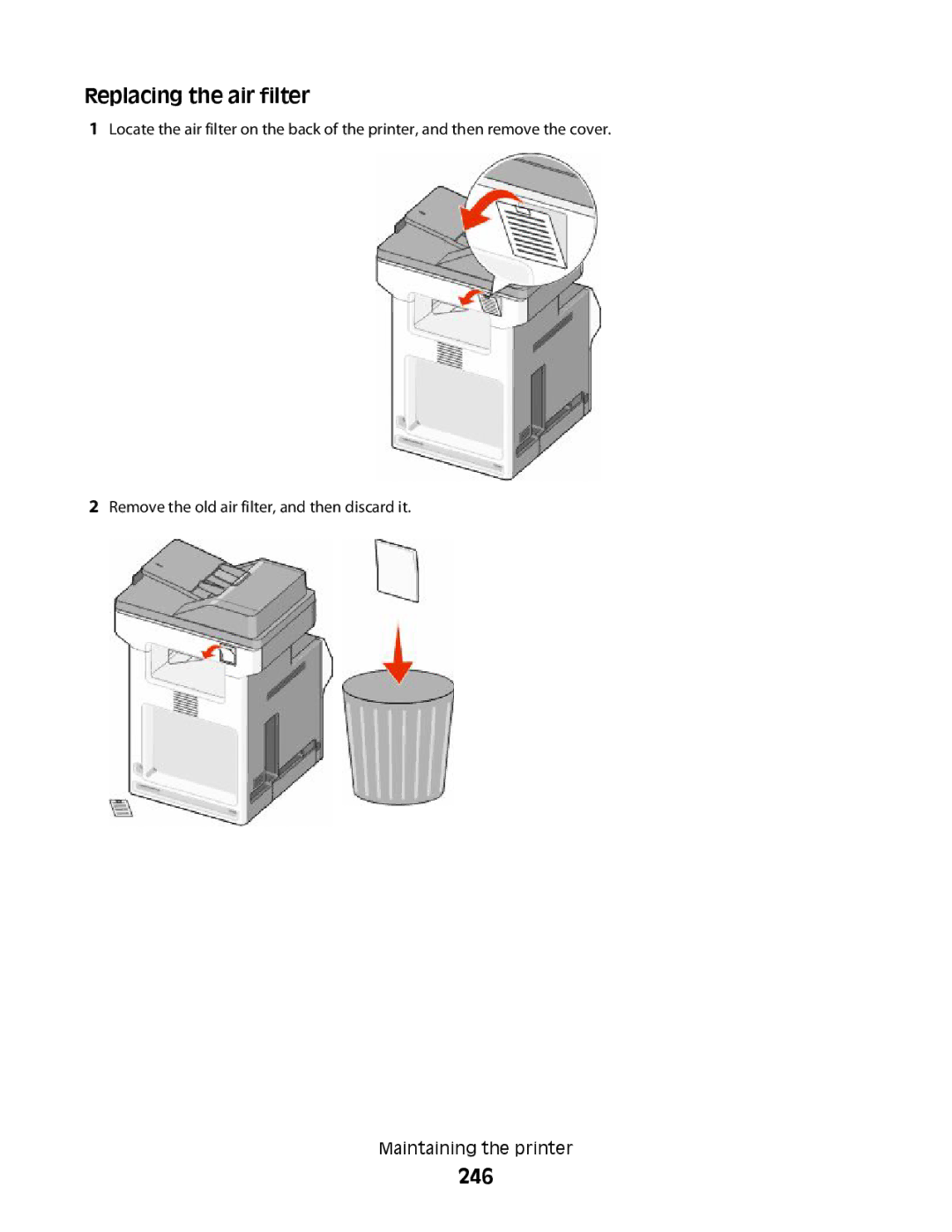 Lexmark MS00850, MS00859, MS00853, MS00855 manual Replacing the air filter, 246 