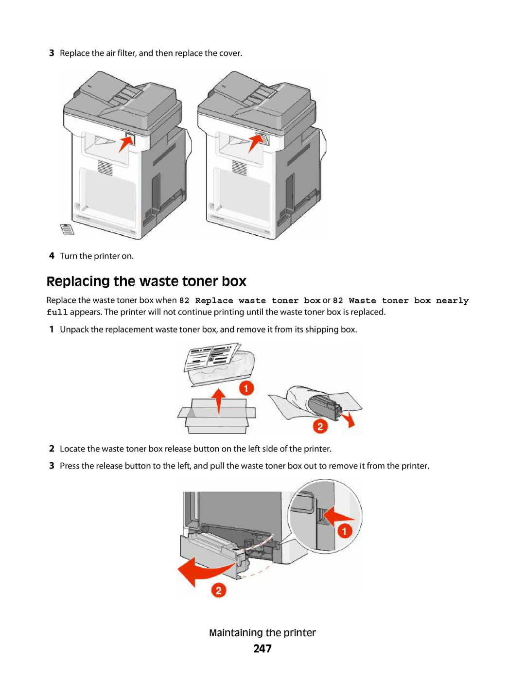 Lexmark MS00855, MS00859, MS00853, MS00850 manual Replacing the waste toner box, 247 