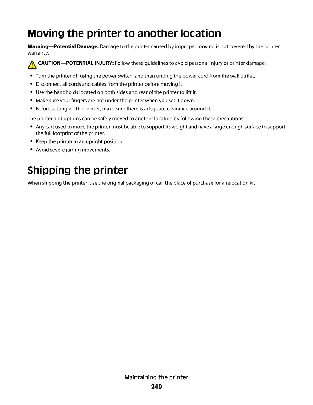 Lexmark MS00853, MS00859, MS00850, MS00855 manual Moving the printer to another location, Shipping the printer, 249 