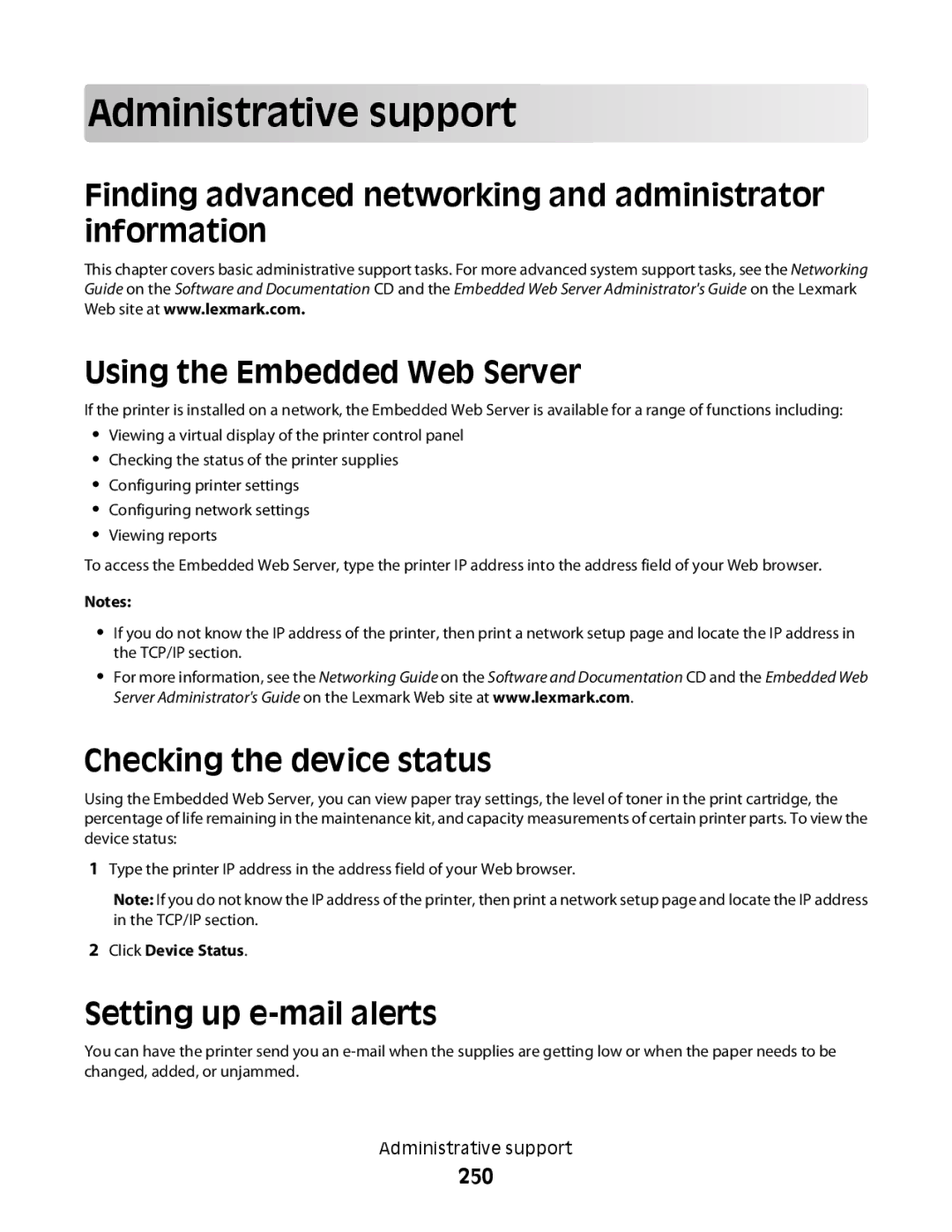 Lexmark MS00850 Administrative support, Checking the device status, Setting up e-mail alerts, 250, Click Device Status 