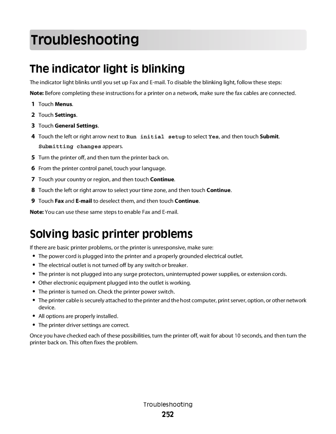 Lexmark MS00859, MS00853, MS00850, MS00855 Troubleshooting, Indicator light is blinking, Solving basic printer problems, 252 