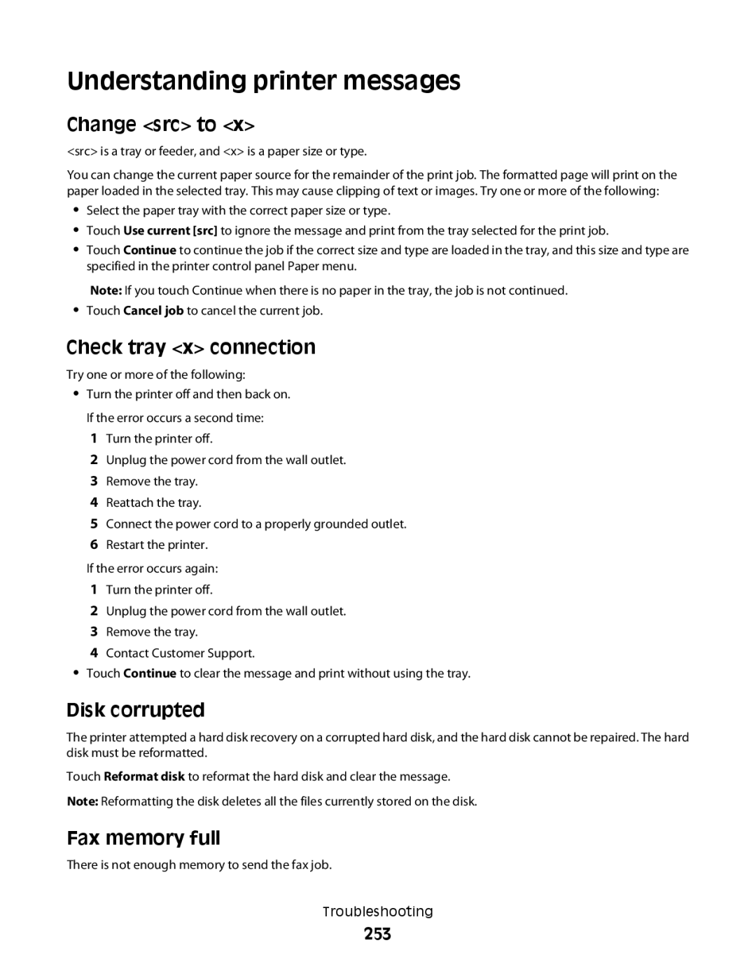 Lexmark MS00853 Understanding printer messages, Change src to, Check tray x connection, Disk corrupted, Fax memory full 