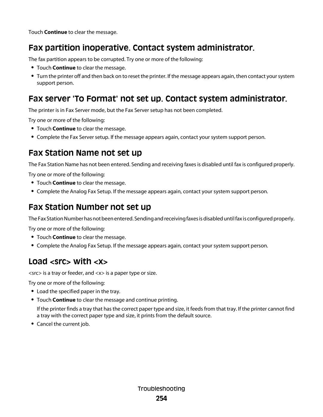 Lexmark MS00850 Fax partition inoperative. Contact system administrator, Fax Station Name not set up, Load src with, 254 