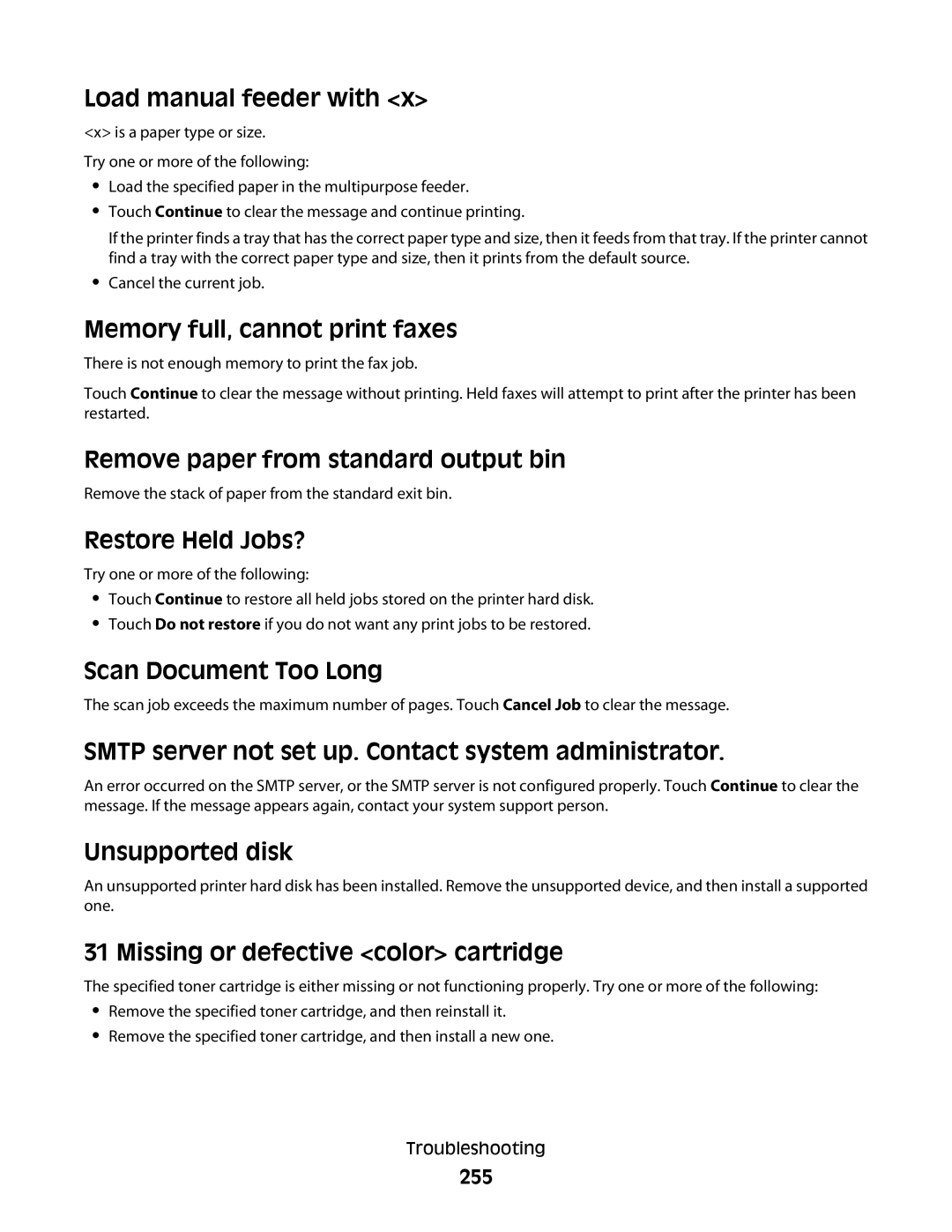 Lexmark MS00855, MS00859 Load manual feeder with, Memory full, cannot print faxes, Remove paper from standard output bin 