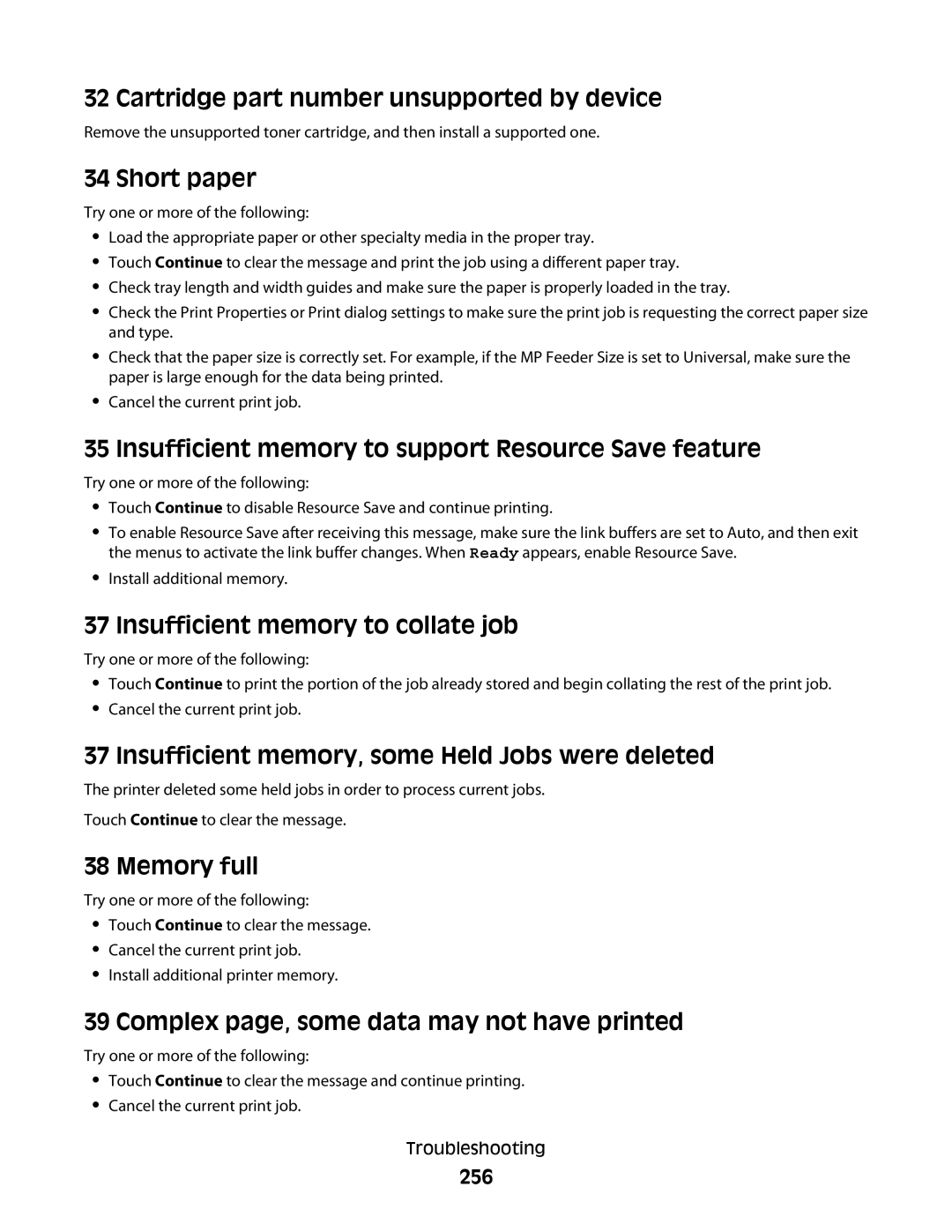 Lexmark MS00859 Cartridge part number unsupported by device, Short paper, Insufficient memory to collate job, Memory full 