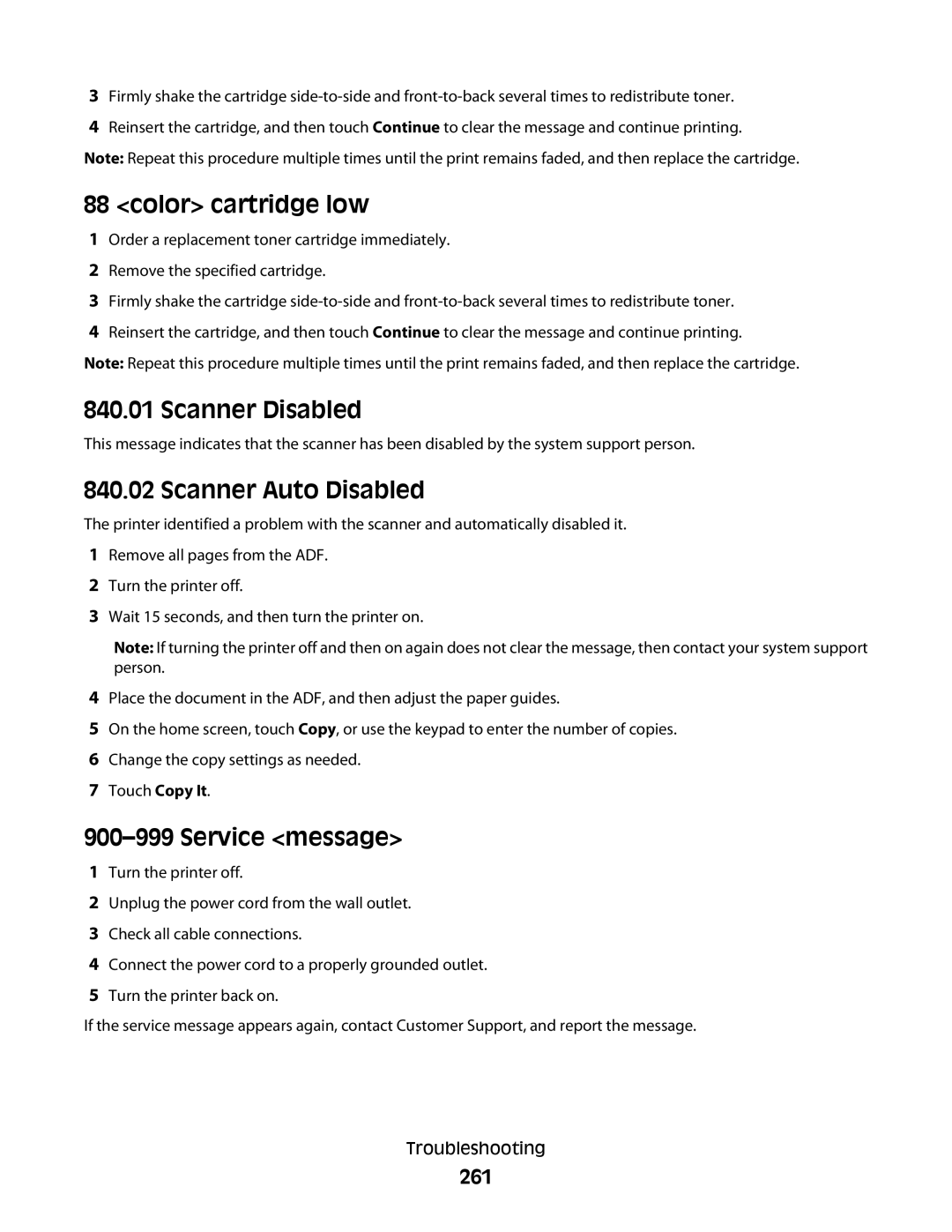 Lexmark MS00853, MS00859, MS00850 manual Color cartridge low, Scanner Disabled, Scanner Auto Disabled, Service message, 261 