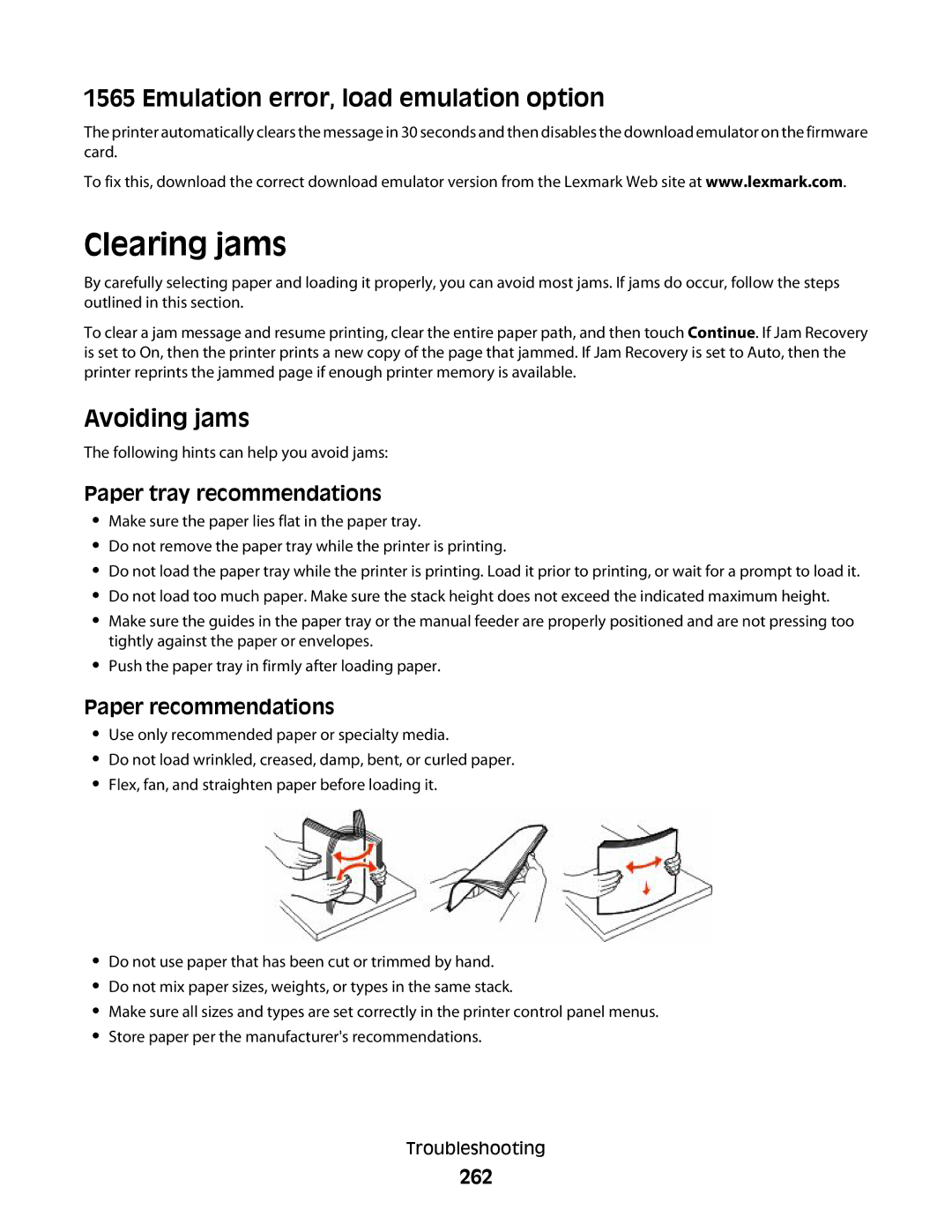 Lexmark MS00850, MS00859, MS00853, MS00855 manual Clearing jams, Emulation error, load emulation option, Avoiding jams 