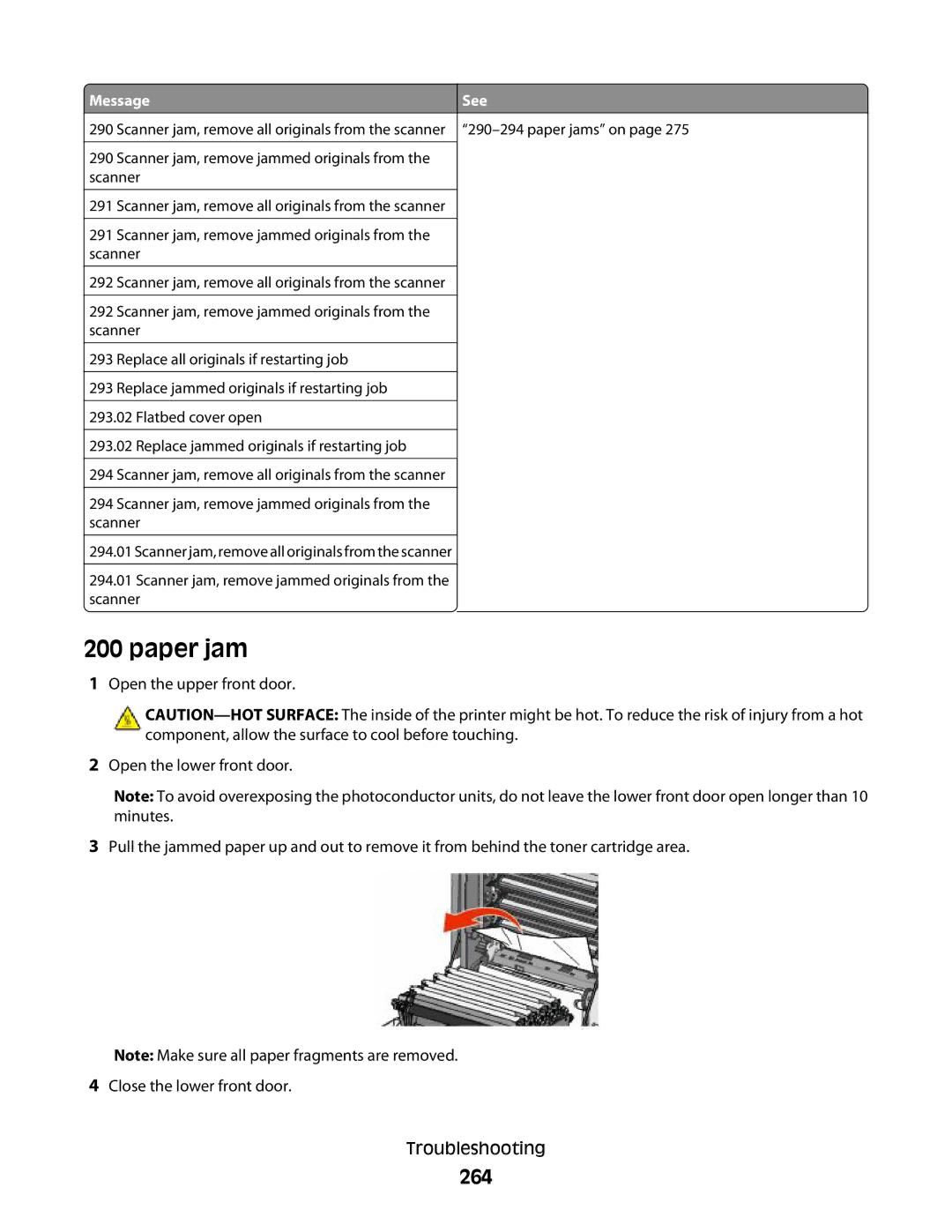 Lexmark MS00859, MS00853, MS00850, MS00855 manual Paper jam, 264 