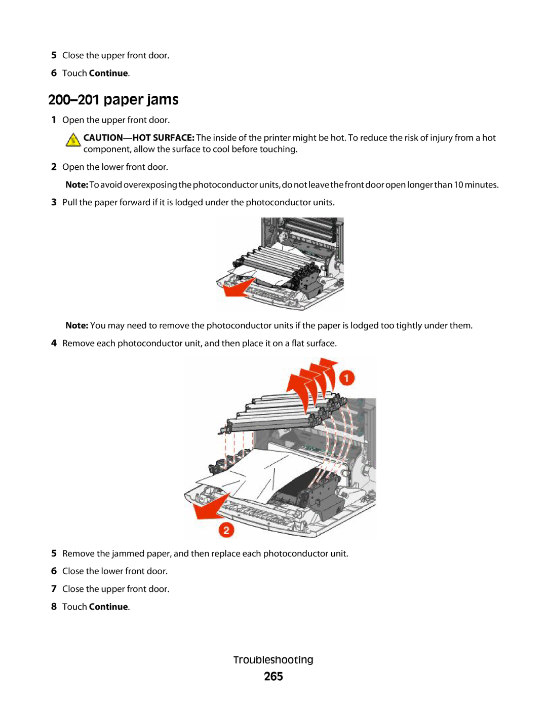 Lexmark MS00853, MS00859, MS00850, MS00855 manual Paper jams, 265, Touch Continue 