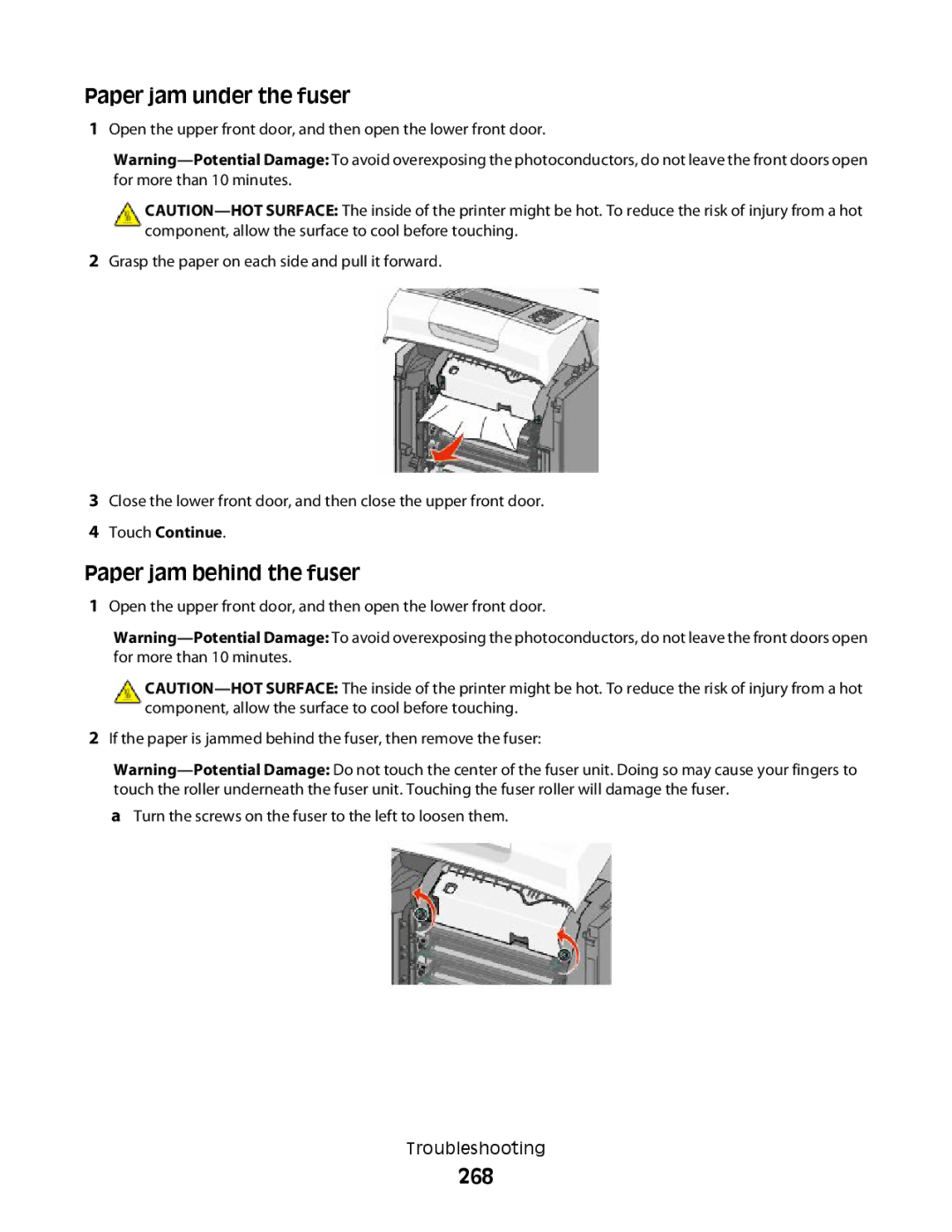 Lexmark MS00859, MS00853, MS00850, MS00855 manual Paper jam under the fuser, Paper jam behind the fuser, 268 