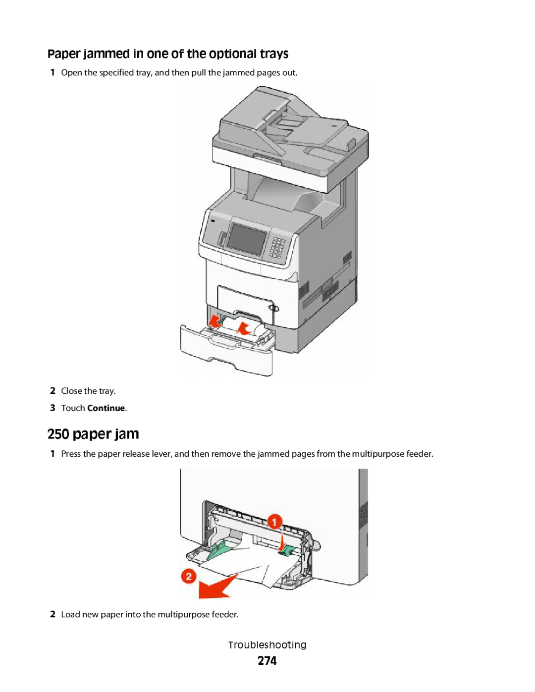 Lexmark MS00850, MS00859, MS00853, MS00855 manual Paper jammed in one of the optional trays, 274 