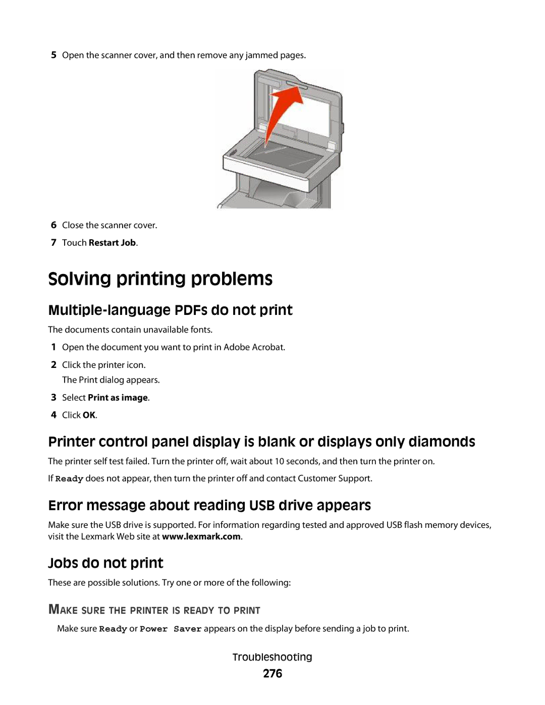 Lexmark MS00859, MS00853, MS00850, MS00855 manual Solving printing problems, 276, Touch Restart Job, Select Print as image 