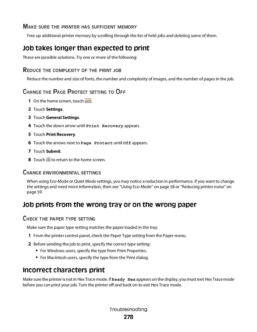 Lexmark MS00850 manual Job takes longer than expected to print, Job prints from the wrong tray or on the wrong paper, 278 