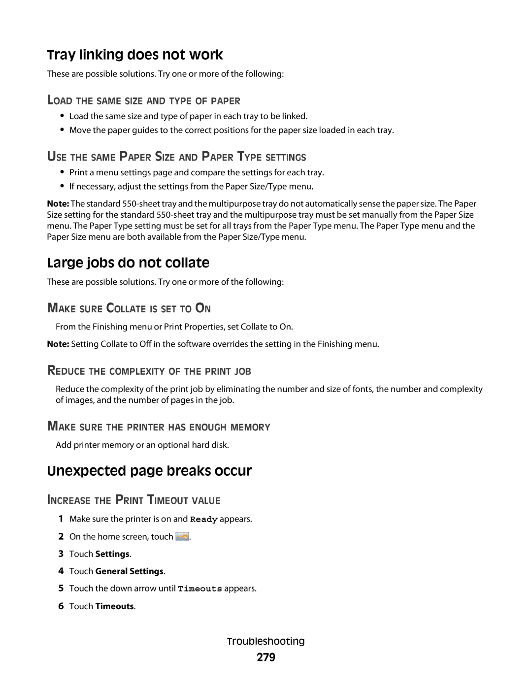 Lexmark MS00855, MS00859, MS00853 Tray linking does not work, Large jobs do not collate, Unexpected page breaks occur, 279 