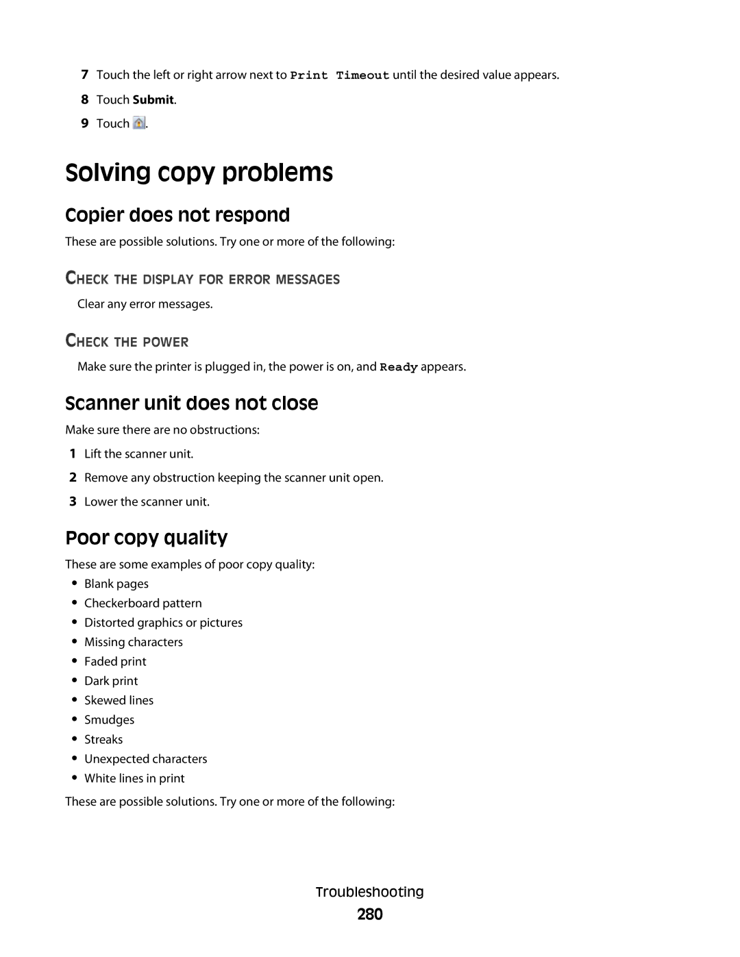 Lexmark MS00859 manual Solving copy problems, Copier does not respond, Scanner unit does not close, Poor copy quality, 280 