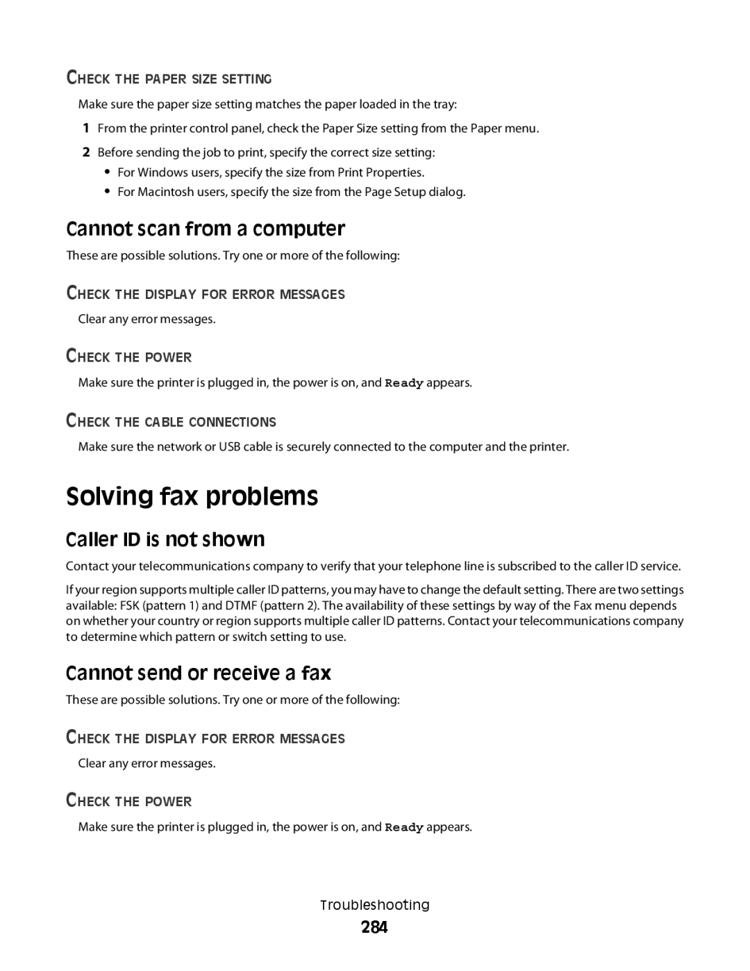 Lexmark MS00859 Solving fax problems, Cannot scan from a computer, Caller ID is not shown, Cannot send or receive a fax 