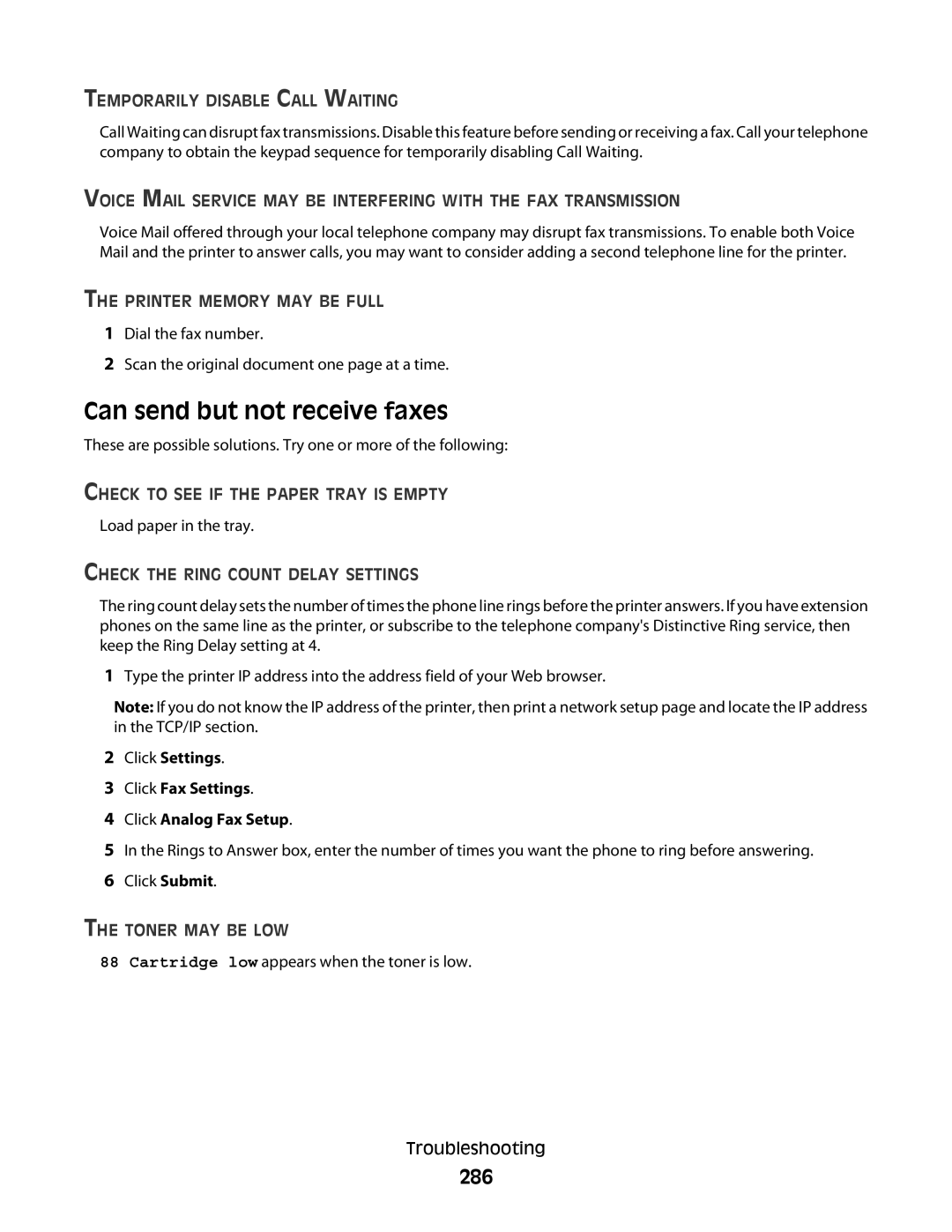 Lexmark MS00850, MS00859 Can send but not receive faxes, 286, Temporarily Disable Call Waiting, Printer Memory MAY be Full 