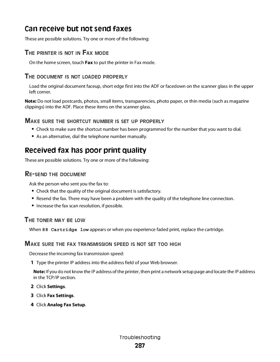 Lexmark MS00855, MS00859, MS00853, MS00850 manual Can receive but not send faxes, Received fax has poor print quality, 287 