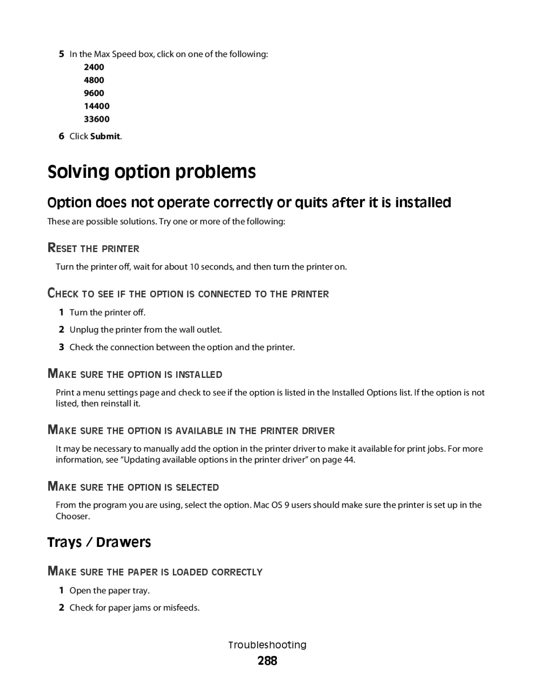 Lexmark MS00859, MS00853, MS00850, MS00855 manual Solving option problems, Trays / Drawers, 288 