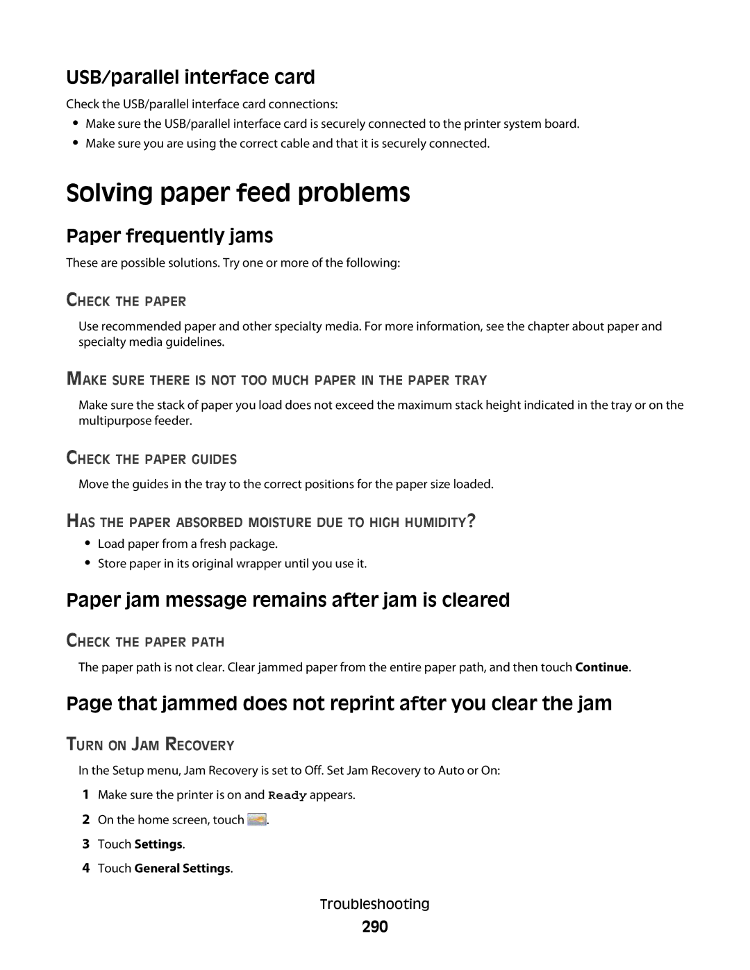 Lexmark MS00850, MS00859, MS00853, MS00855 Solving paper feed problems, USB/parallel interface card, Paper frequently jams 