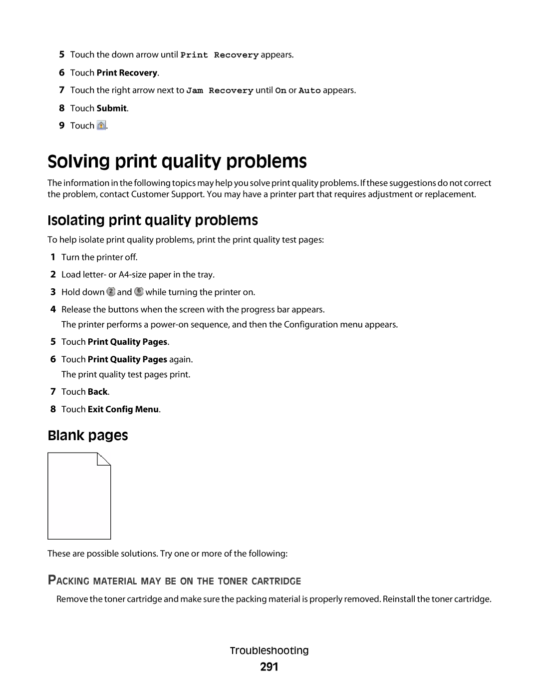 Lexmark MS00855, MS00859, MS00853 manual Solving print quality problems, Isolating print quality problems, Blank pages, 291 