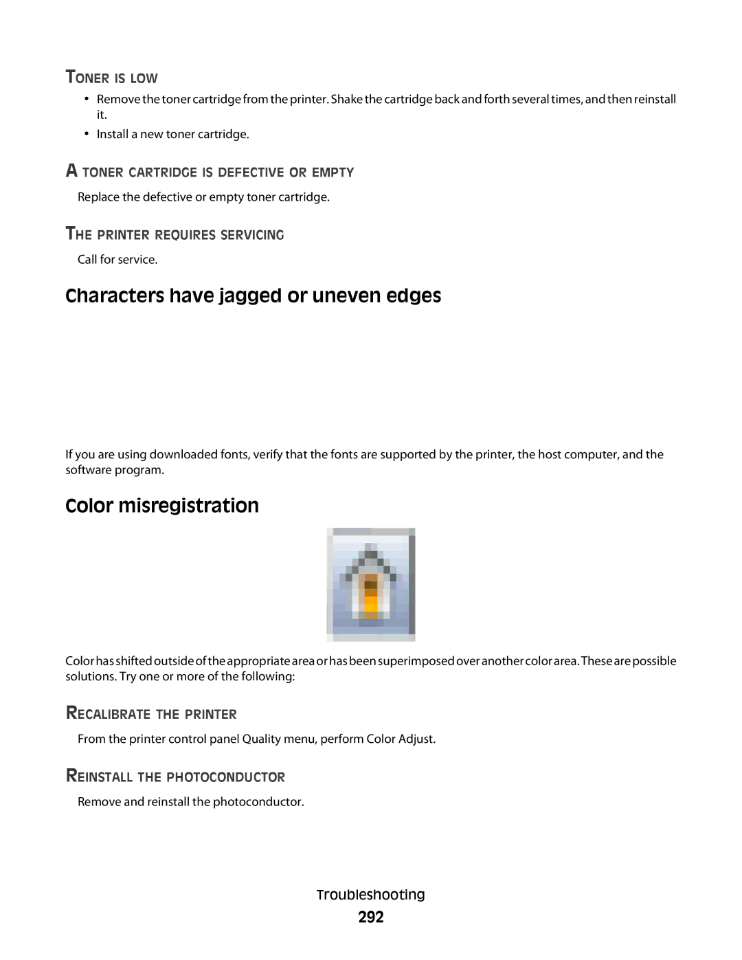 Lexmark MS00859, MS00853, MS00850, MS00855 manual Characters have jagged or uneven edges, Color misregistration, 292 