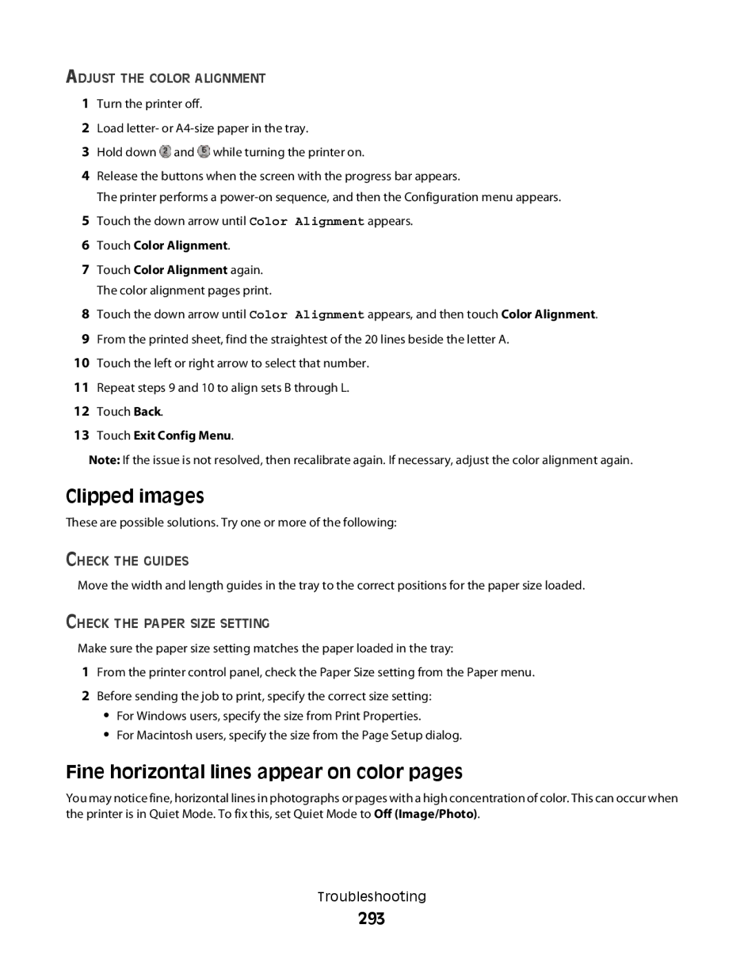 Lexmark MS00853, MS00859 manual Clipped images, Fine horizontal lines appear on color pages, 293, Adjust the Color Alignment 