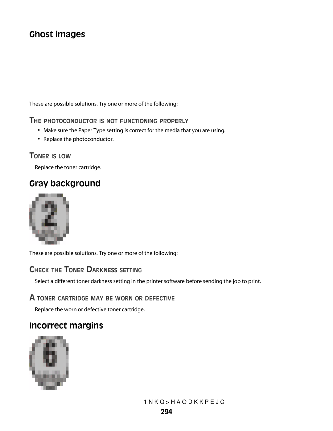 Lexmark MS00850, MS00859, MS00853, MS00855 manual Ghost images, Gray background, Incorrect margins, 294 