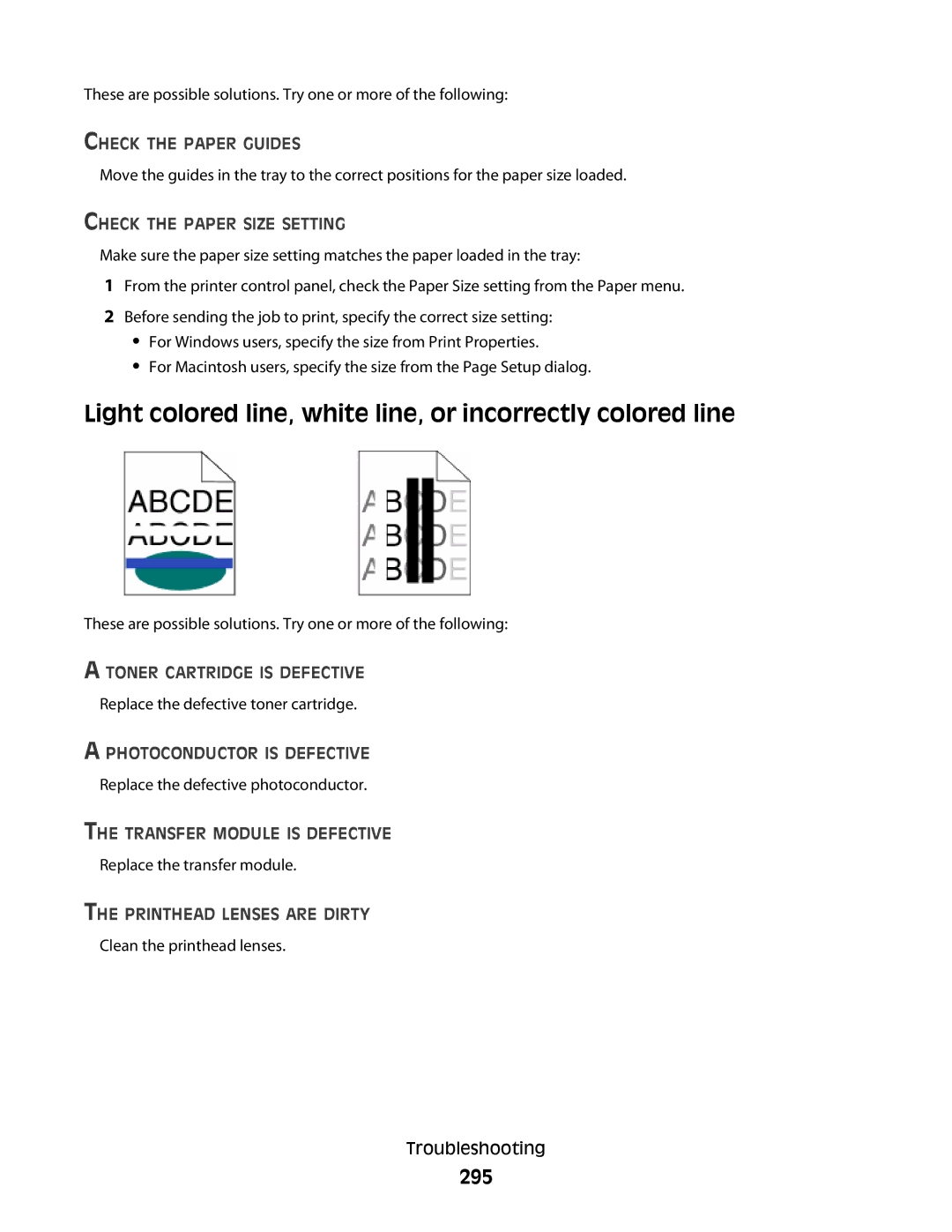 Lexmark MS00855, MS00859, MS00853, MS00850 manual Light colored line, white line, or incorrectly colored line, 295 