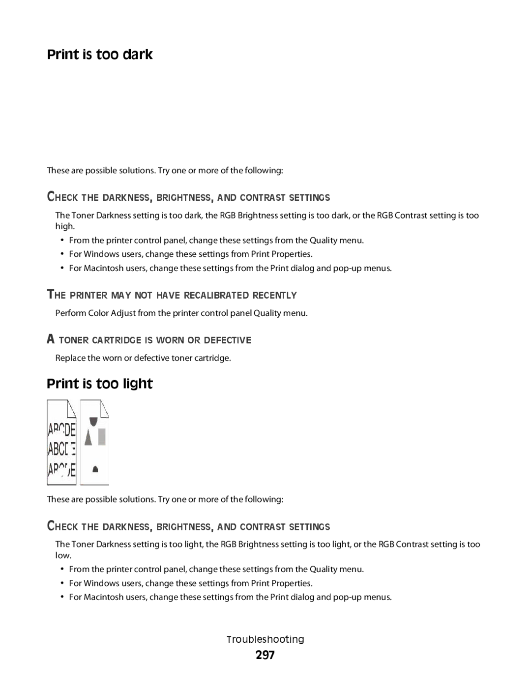 Lexmark MS00853, MS00859, MS00850, MS00855 manual Print is too dark, Print is too light, 297 