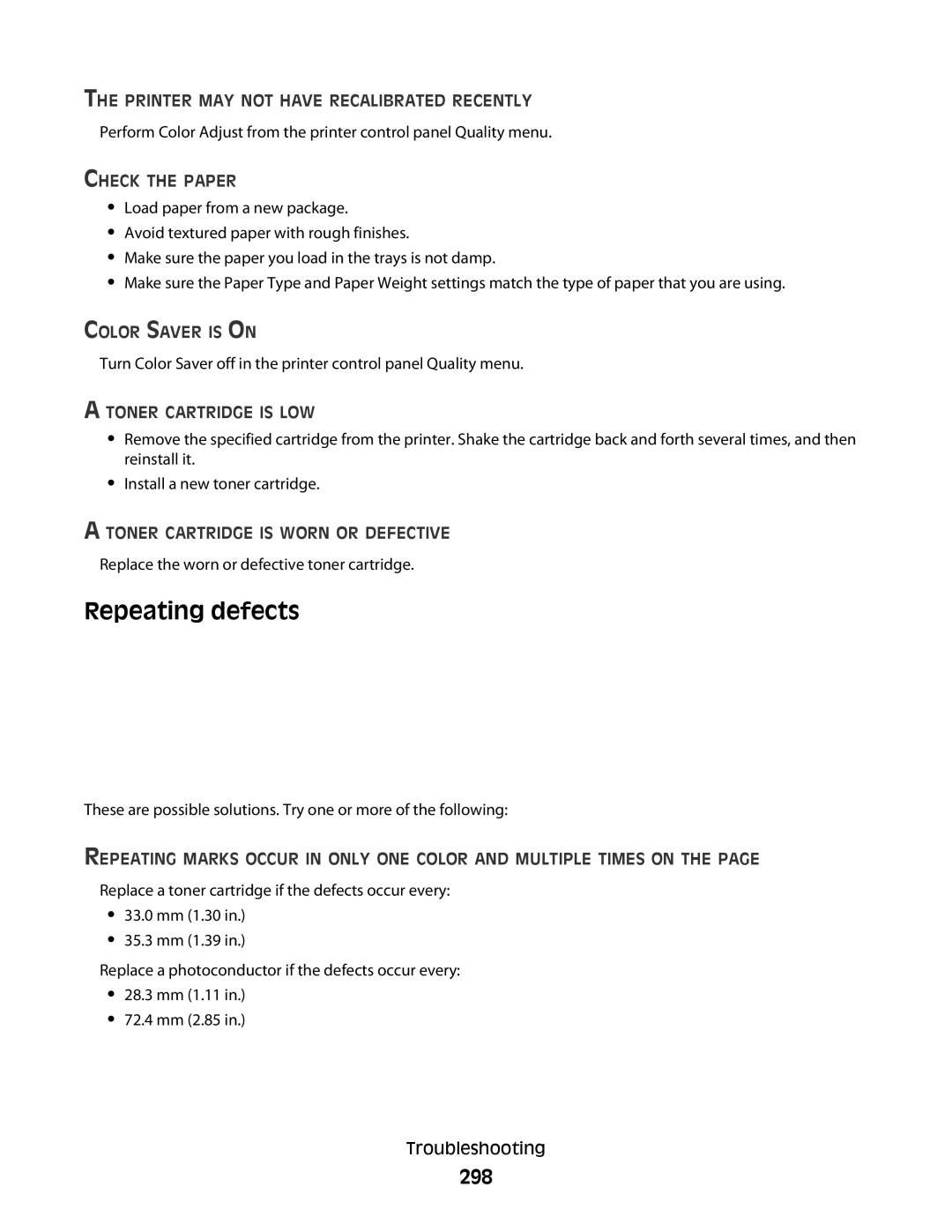 Lexmark MS00850, MS00859, MS00853, MS00855 manual Repeating defects, 298, Color Saver is on, Toner Cartridge is LOW 