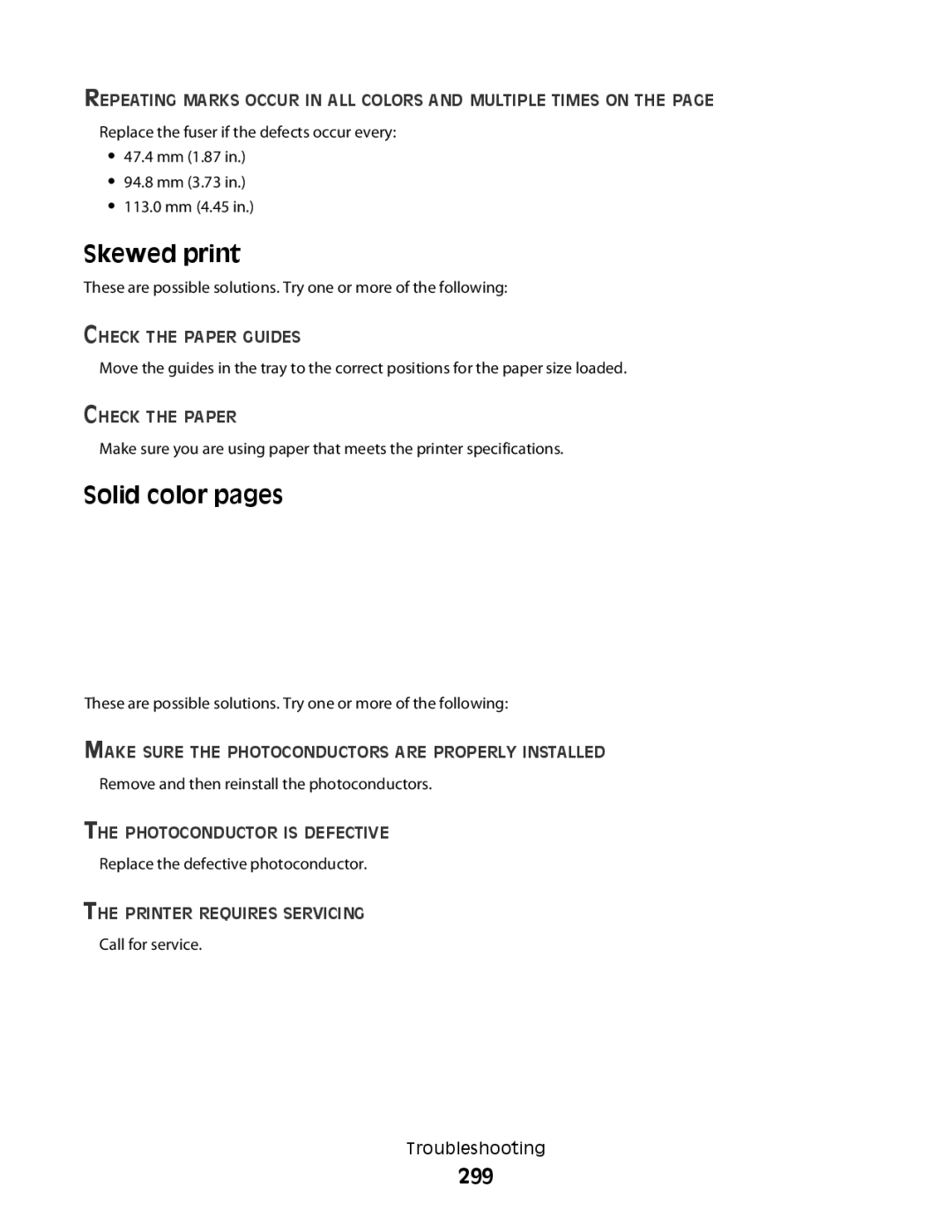 Lexmark MS00855, MS00859 Skewed print, Solid color pages, 299, Repeating Marks Occur in ALL Colors and Multiple Times on 