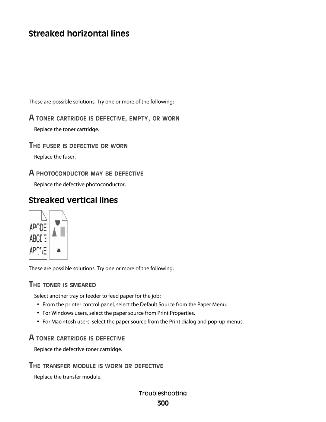 Lexmark MS00859, MS00853, MS00850, MS00855 manual Streaked horizontal lines, Streaked vertical lines, 300 