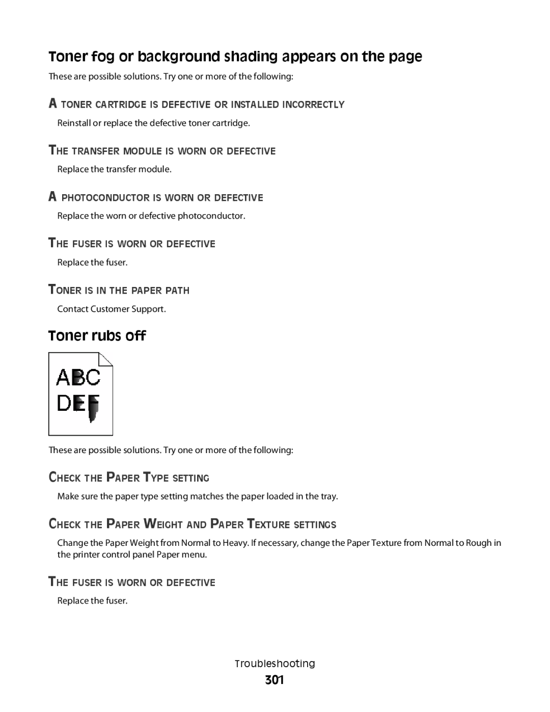 Lexmark MS00853, MS00859, MS00850, MS00855 manual Toner fog or background shading appears on, Toner rubs off, 301 