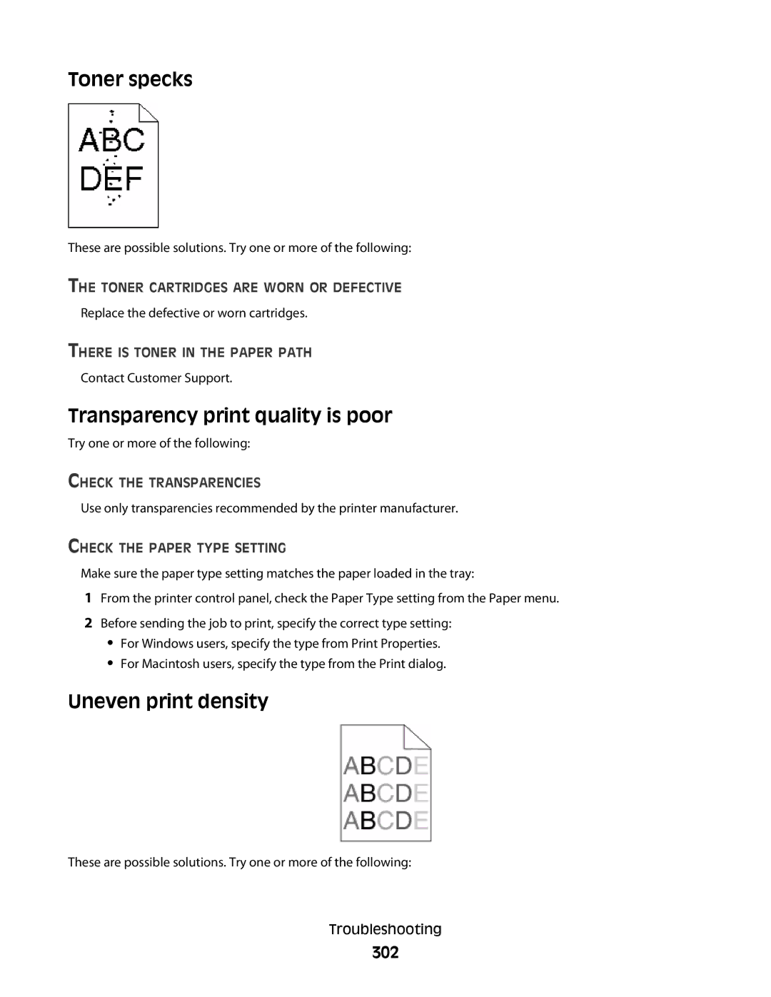Lexmark MS00850, MS00859, MS00853, MS00855 manual Toner specks, Transparency print quality is poor, Uneven print density, 302 